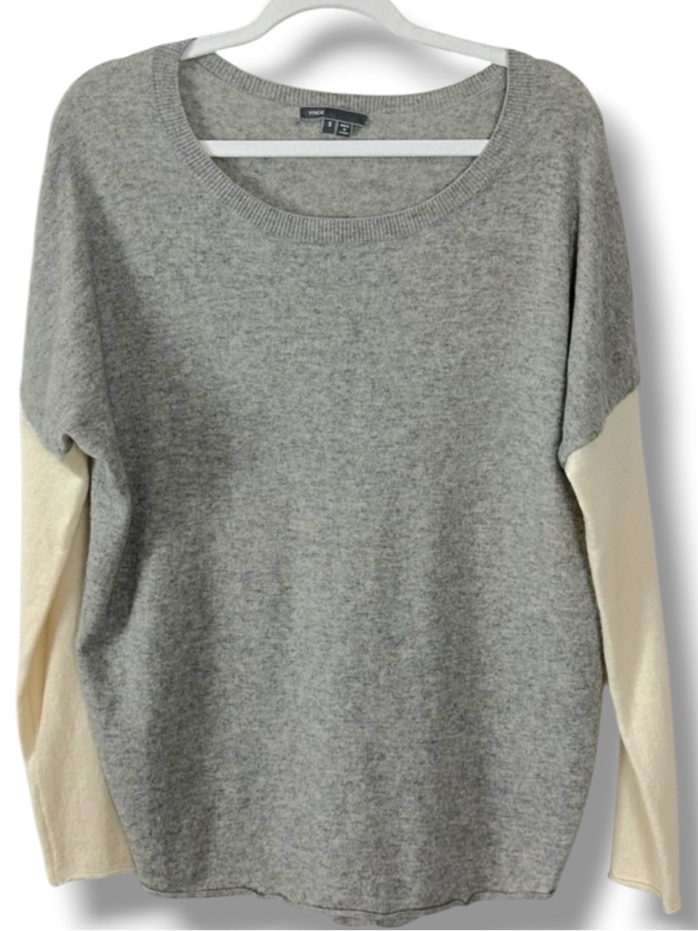 Vince Color Block Wool Cashmere Bateau Sweater Small Oversized Boxy Grey Cream
